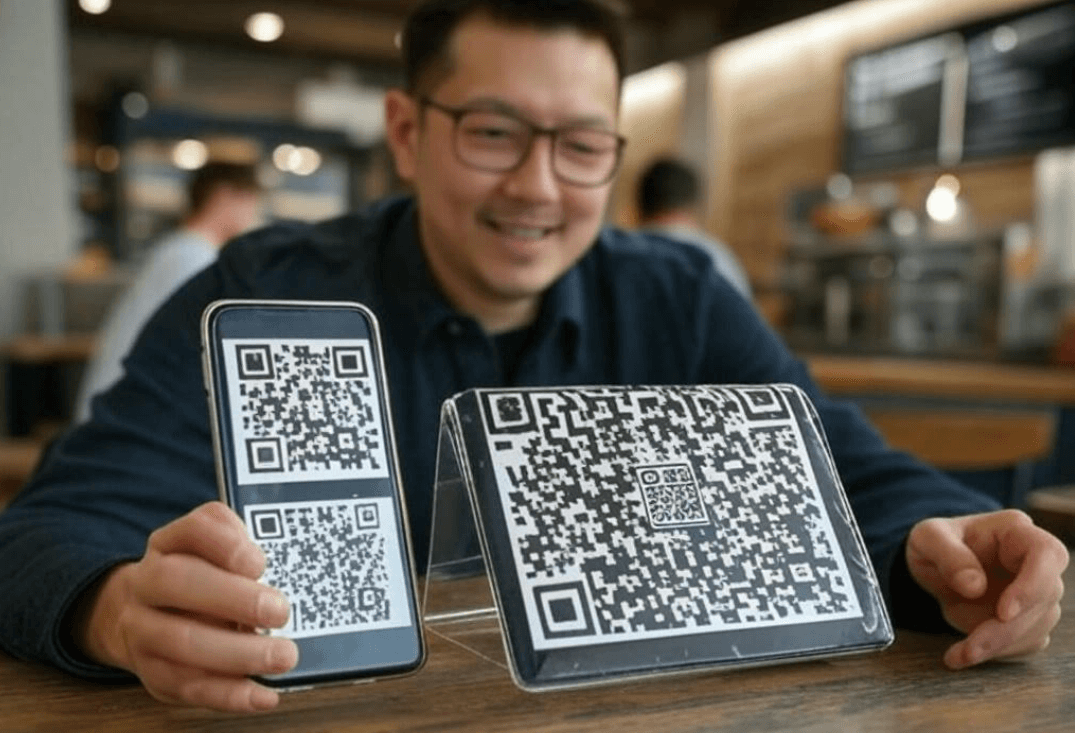 Consumer scanning a multi-layered QR at a coffee shop or sports event